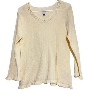Clare Icelandic Design Sweater Pullover Embellished Collar Cotton Knit Cream M